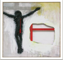 Jesus-Ukřižovat nestačí, 2006, akryl, textil, kov, nůž na plátně, 190x190cm